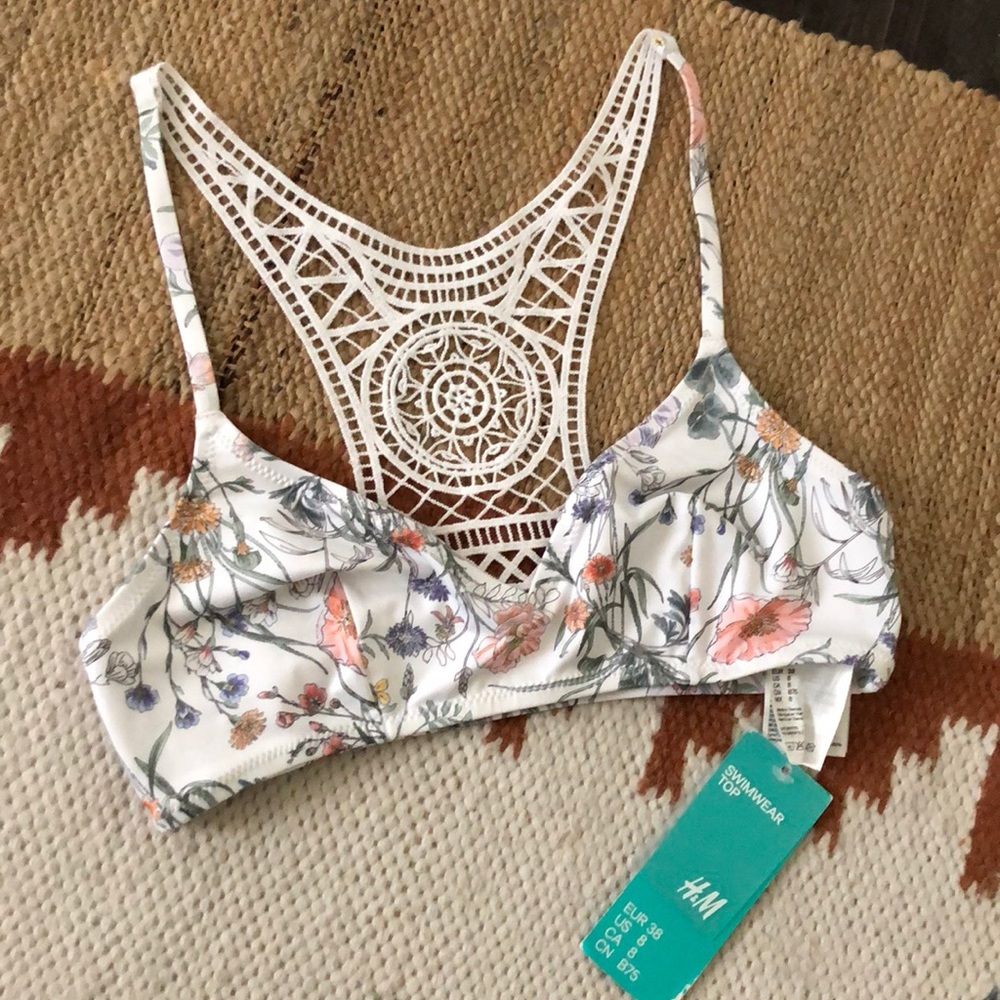 White Floral Crochet Back Bikini Top